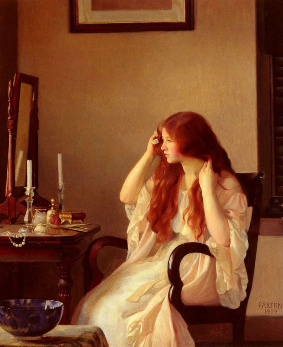 William Paxton - Girl combing her hair или Young girl with a mirror, 1909