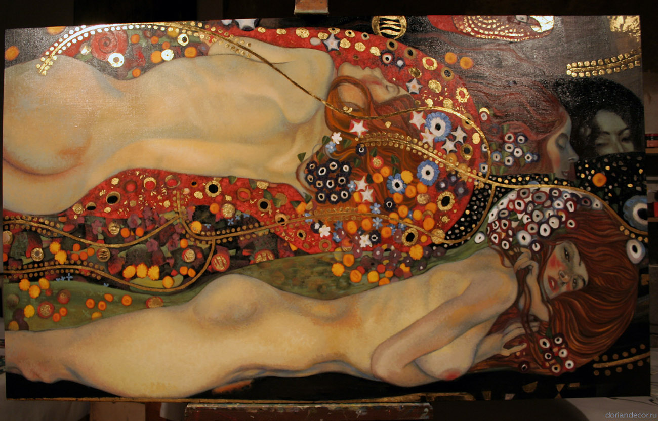 Ирина Агалакова — копия с картины Густава Климта «Водяные Змеи». Холст, масло, сусальное золото.